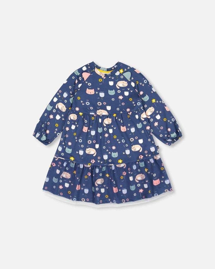 Deux Par Deux Printed Cat Dress With Mesh Frill Deux Par Deux Printed Cat Dress With Mesh Frill