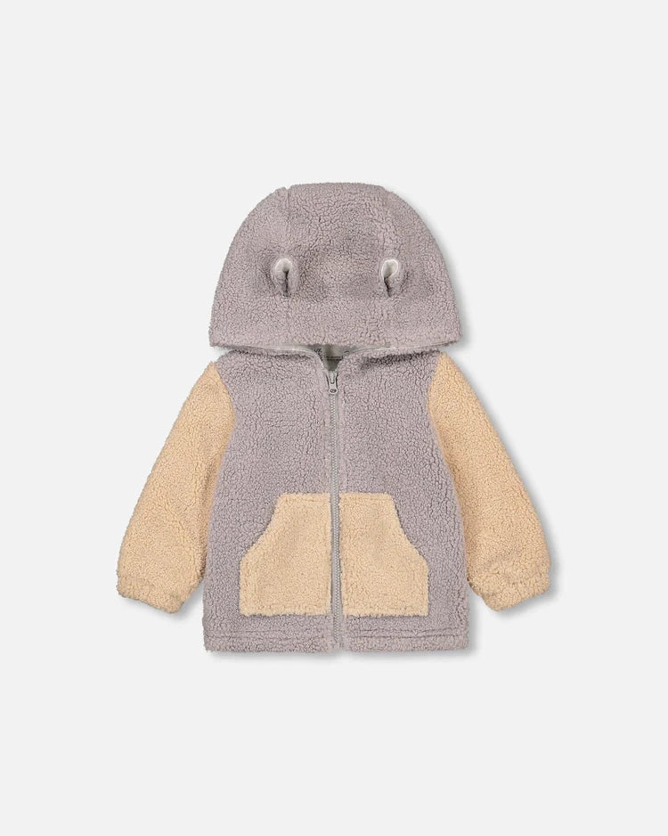 Deux Par Deux Sherpa Hooded Jacket Rustic Blue And Sand Deux Par Deux Sherpa Hooded Jacket Rustic Blue And Sand