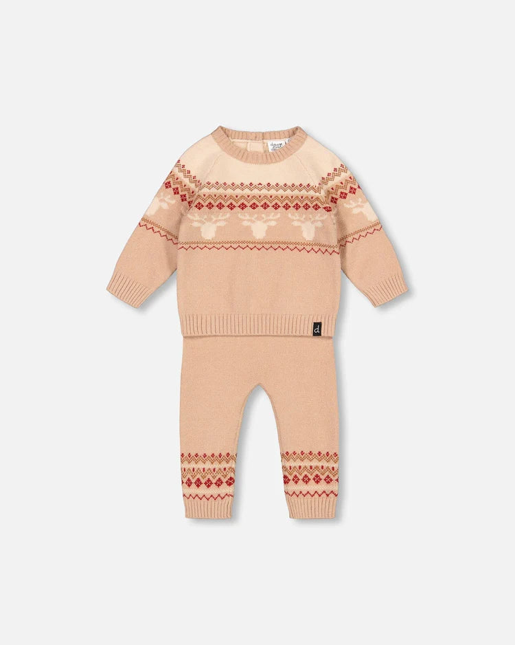 Deux Par Deux Jacquard Knitted Sweater And Pants Set Beige - Nomad Deux Par Deux Jacquard Knitted Sweater And Pants Set Beige - Nomad