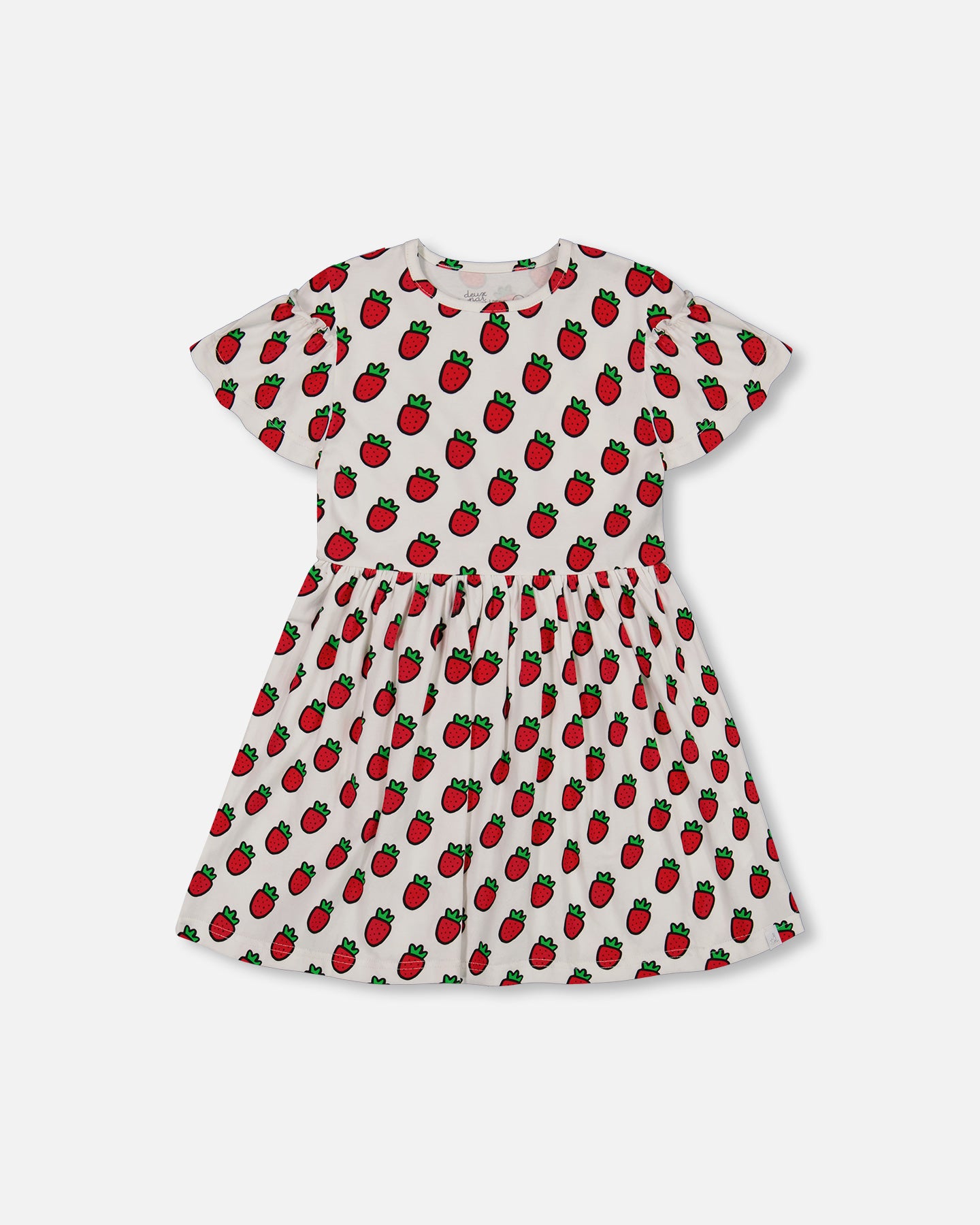 Deux Par Deux Printed Organic Jersey Dress + Flounce Sleeves - Pop Strawberry Deux Par Deux Printed Organic Jersey Dress + Flounce Sleeves - Pop Strawberry