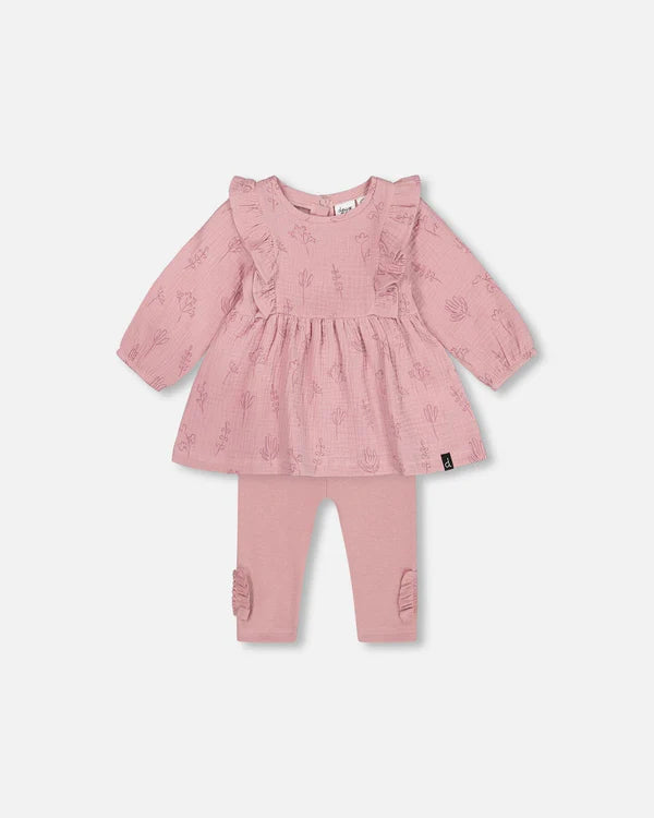 Deux Par Deux Muslin Tunic & Leggings Set - Printed lilac flowers Deux Par Deux Muslin Tunic & Leggings Set - Printed lilac flowers
