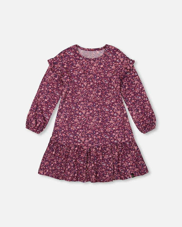Deux Par Deux Jersey Frill Dress - Mini Flowers Burgundy Deux Par Deux Jersey Frill Dress - Mini Flowers Burgundy