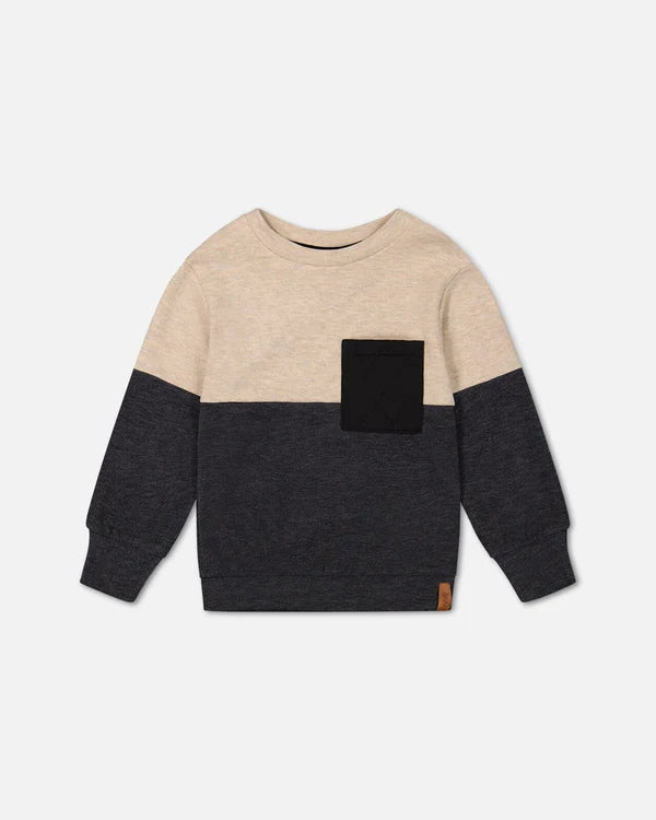Deux Par Deux Color Block Brushed Jersey Top With Quilted Pocket - Peacoat Black/Beige Deux Par Deux Color Block Brushed Jersey Top With Quilted Pocket - Peacoat Black/Beige
