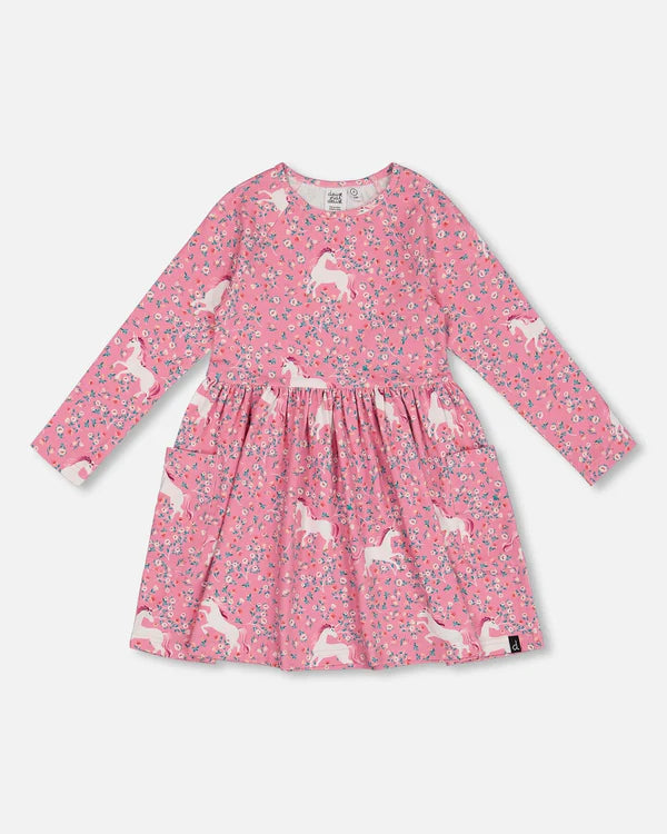 Deux Par Deux Printed Pocket Dress - Pink Unicorns Deux Par Deux Printed Pocket Dress - Pink Unicorns