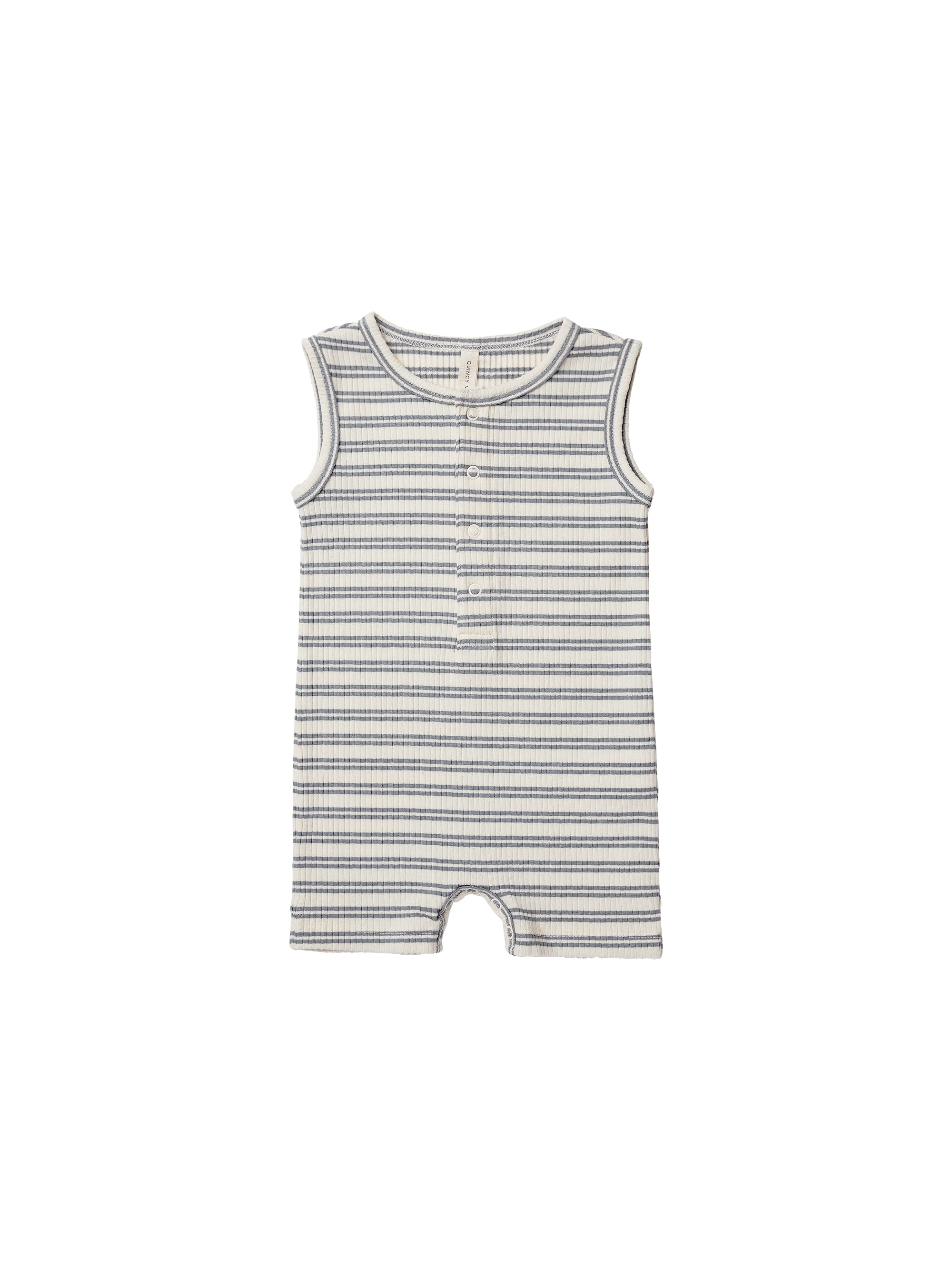 Quincy Mae Ribbed Henley Romper - Ocean Stripe Quincy Mae Ribbed Henley Romper - Ocean Stripe