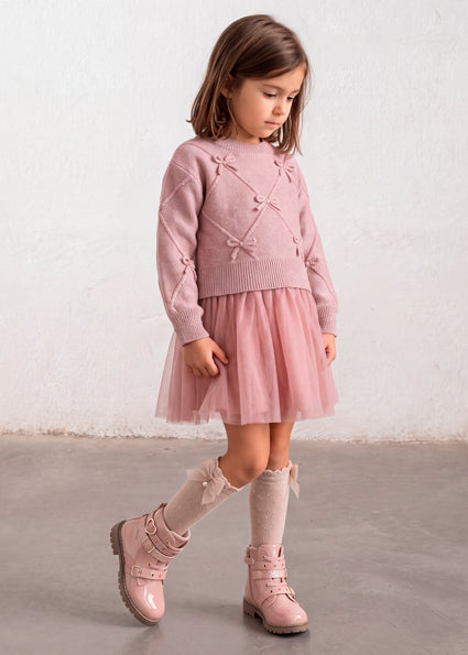 Mayoral Knit Dress with Bows - Heathered Quartz