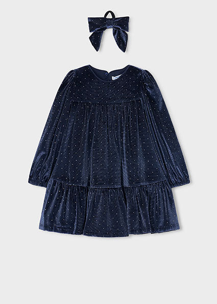 Mayoral Velvet Dress with Hair Tie - Navy
