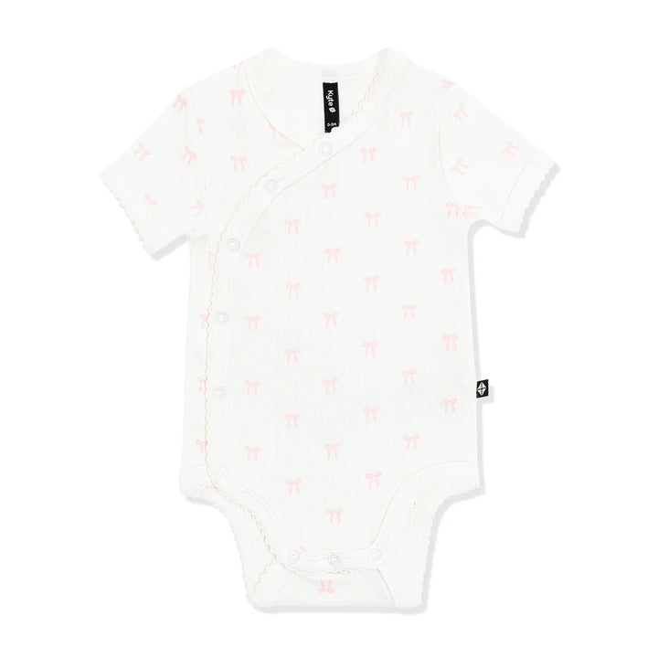 Kyte Baby Pointelle Kimono Bodysuit with Picot Trim - Sweet Pink Bow
