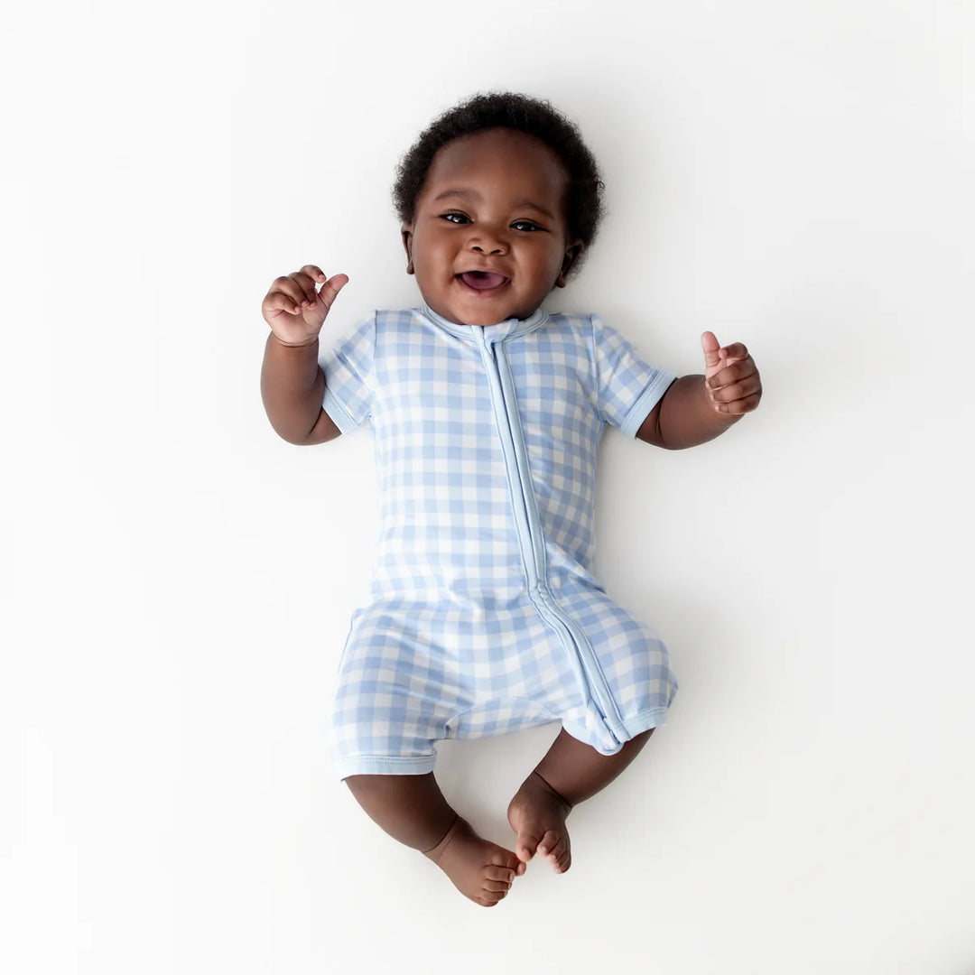 Kyte Baby Zippered Shortall Romper - Gingham Breeze