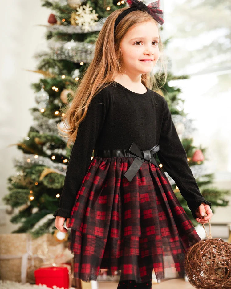 Deux Par Deux Bi Material Black Long Sleeve Dress With Tulle Skirt Buf