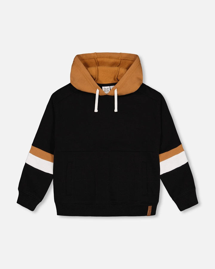 Deux Par Deux Fleece Hoodie With Quilted Pocket Black Deux Par Deux Fleece Hoodie With Quilted Pocket Black