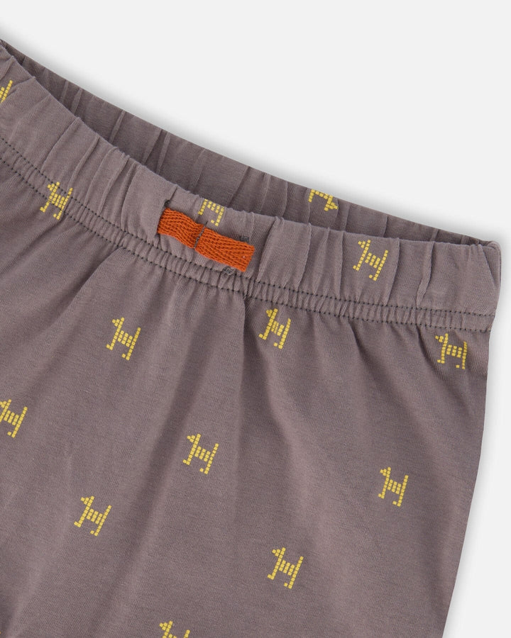 Deux Par Deux Organic Cotton Top &amp; Short Set - Dark Grey With Printed Pixel Dog