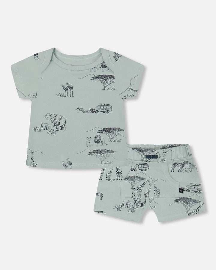 Deux Par Deux Organic Cotton Top &amp; Short Set - Sage With Printed small Jungle