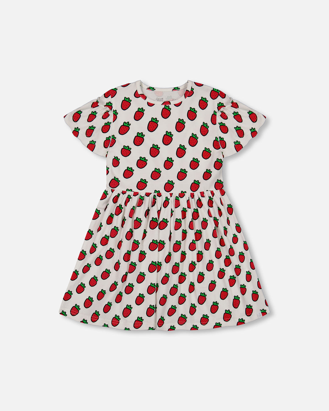 Deux Par Deux Printed Organic Jersey Dress + Flounce Sleeves - Pop Strawberry