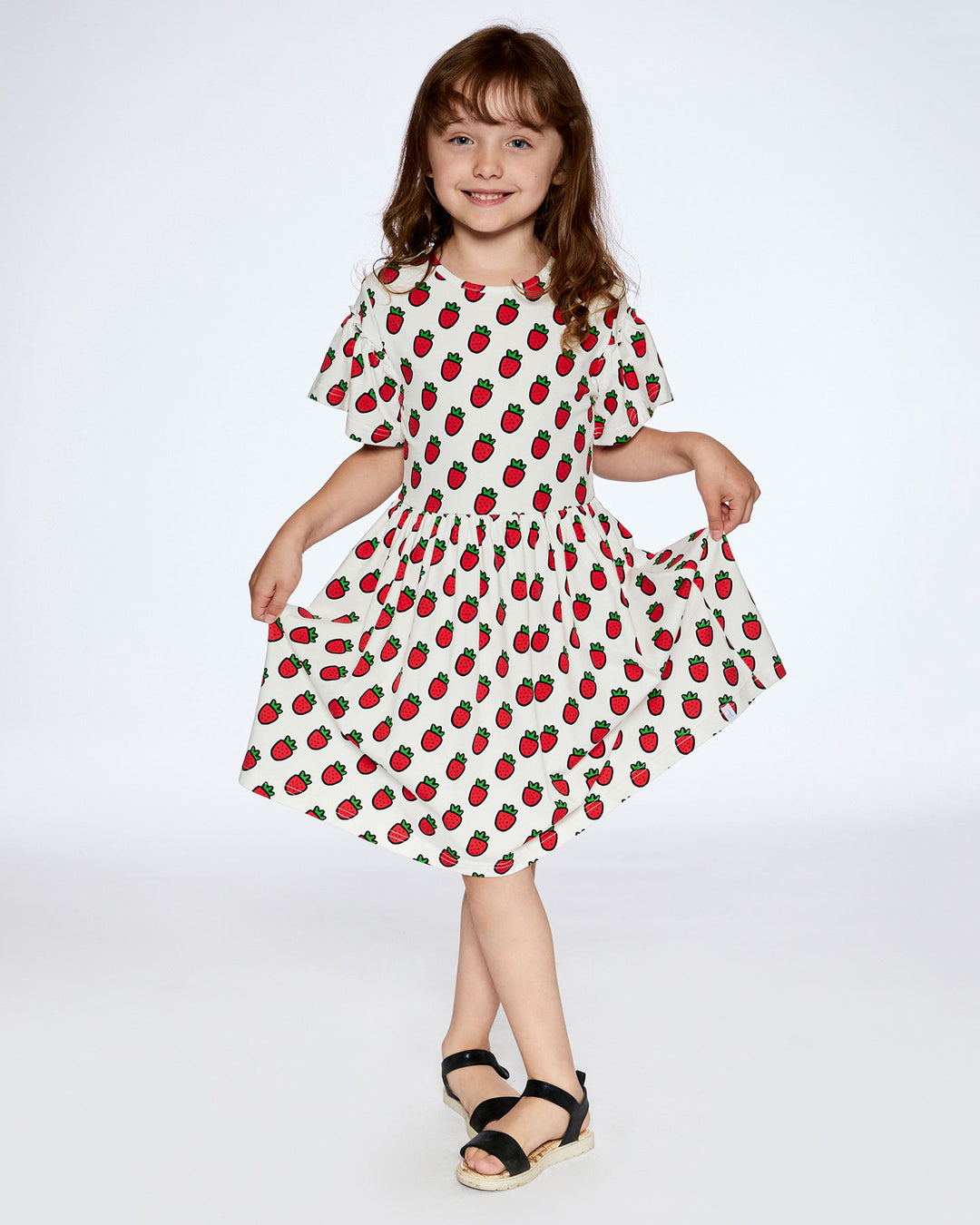 Deux Par Deux Printed Organic Jersey Dress + Flounce Sleeves - Pop Strawberry Deux Par Deux Printed Organic Jersey Dress + Flounce Sleeves - Pop Strawberry