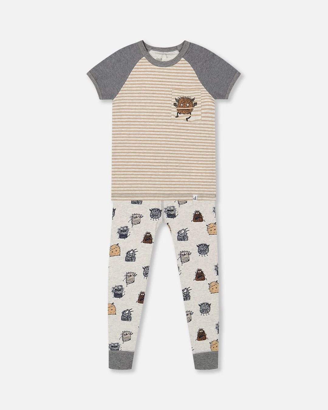 Organic Cotton Two Piece Pajama Set Heather Beige Printed Monsters 12