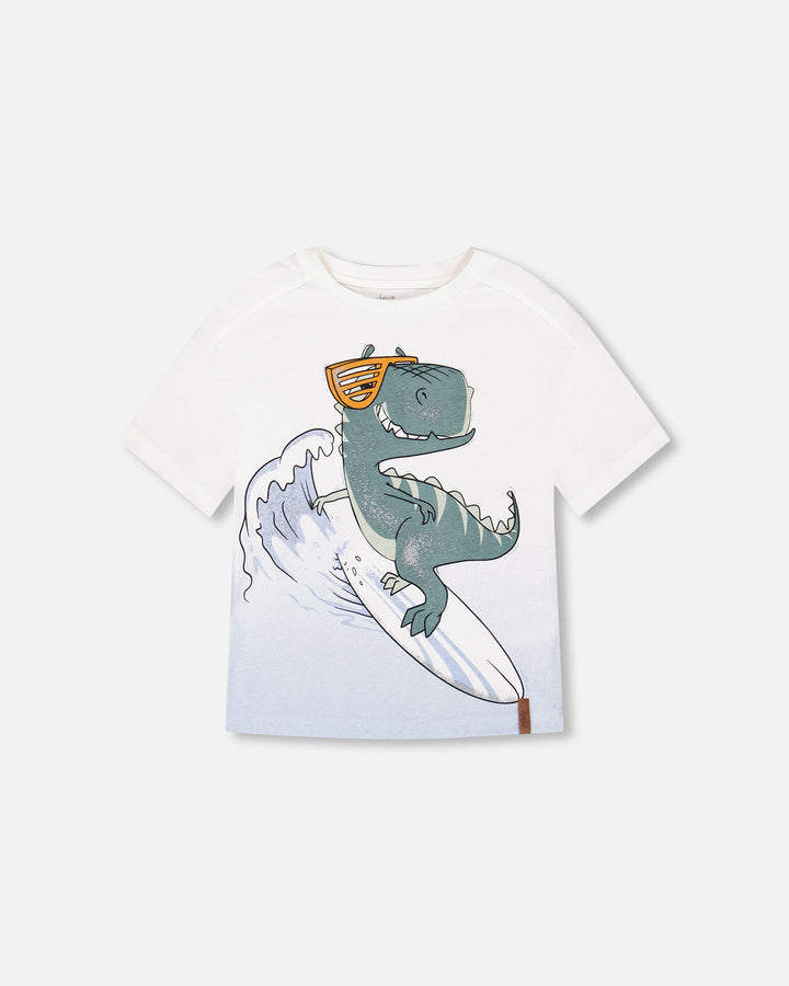 Deux Par Deux Organic Jersey Drop Shoulder T-Shirt - Off White Dino Deux Par Deux Organic Jersey Drop Shoulder T-Shirt - Off White Dino