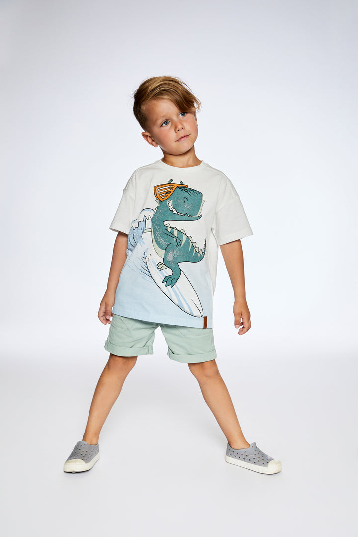 Deux Par Deux Organic Jersey Drop Shoulder T-Shirt - Off White Dino