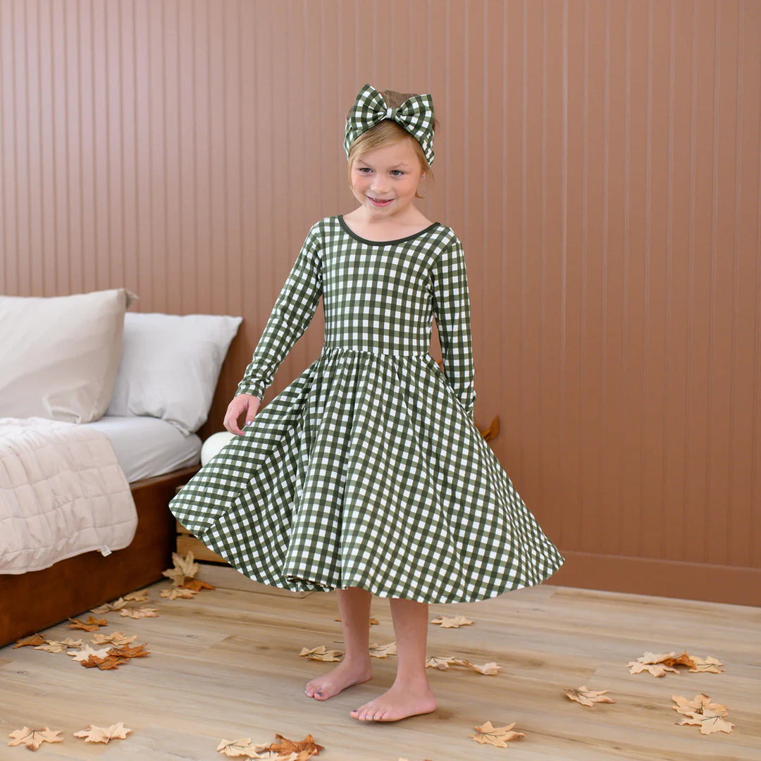 Kyte Baby Long Sleeve Twirl Dress - Gingham Fir