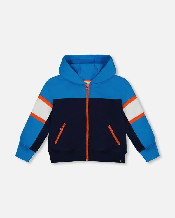 Deux Par Deux French Terry Color Block Full Zip Hoodie Cardigan Sweatshirt  - Peacoat/Navy