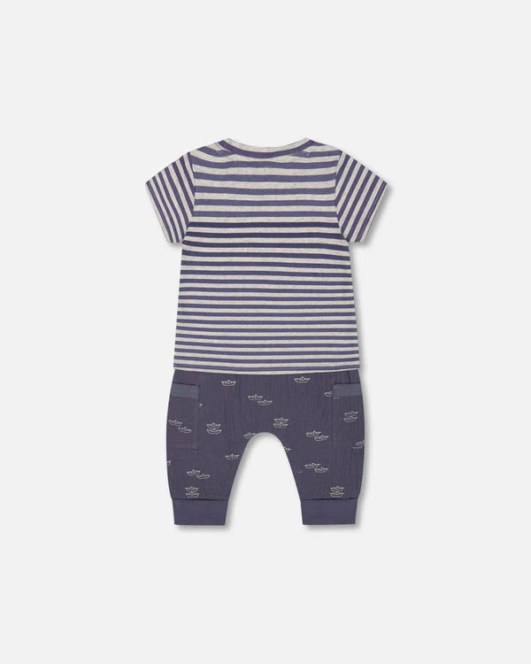 Deux Par Deux Jersey Top &amp; Muslin Pant Set - Printed Blue Stripe Navy