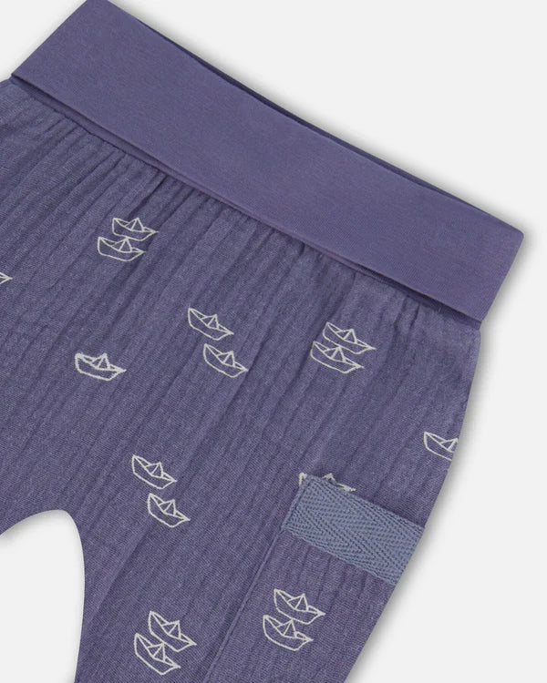 Deux Par Deux Jersey Top &amp; Muslin Pant Set - Printed Blue Stripe Navy