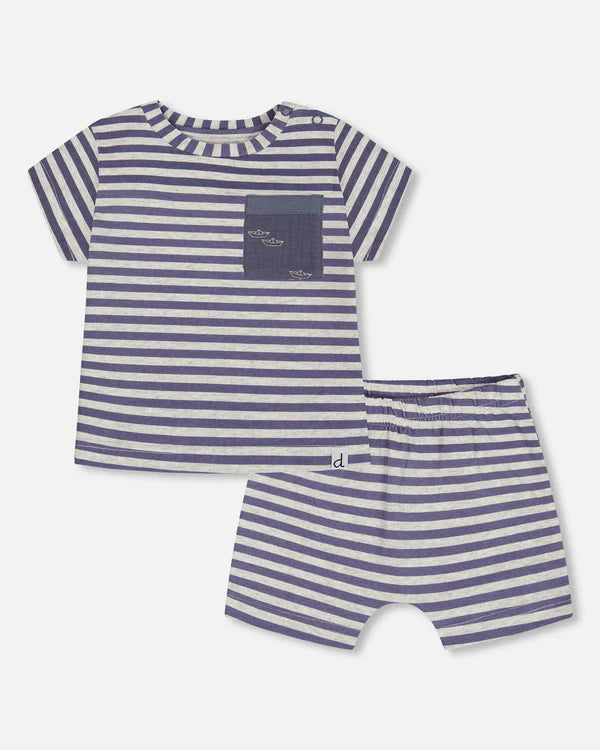 Deux Par Deux Short Sleeve Top & Short Set - Blue Stripes Deux Par Deux Short Sleeve Top & Short Set - Blue Stripes