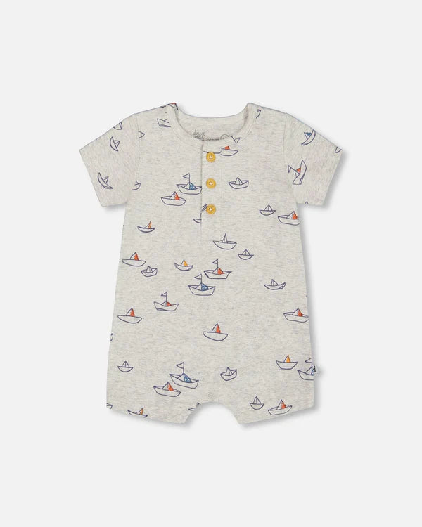 Deux Par Deux Jersey Romper - Printed Blue Sailboats