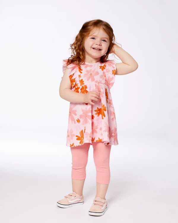 Deux Par Deux Printed Tunic And Solid Leggings Set - Pink And Coral Flowers Deux Par Deux Printed Tunic And Solid Leggings Set - Pink And Coral Flowers