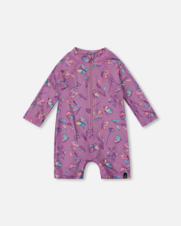 Deux Par Deux Long Sleeve One-Piece Rashgaurd - Multicoloured Butterflies