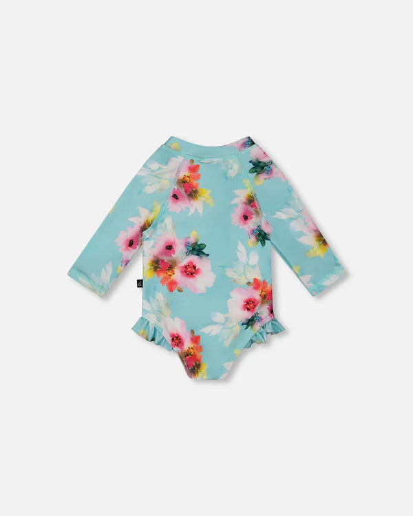 Deux Par Deux Long Sleeve One-Piece Rashgaurd With Frills - Watercolor Flower