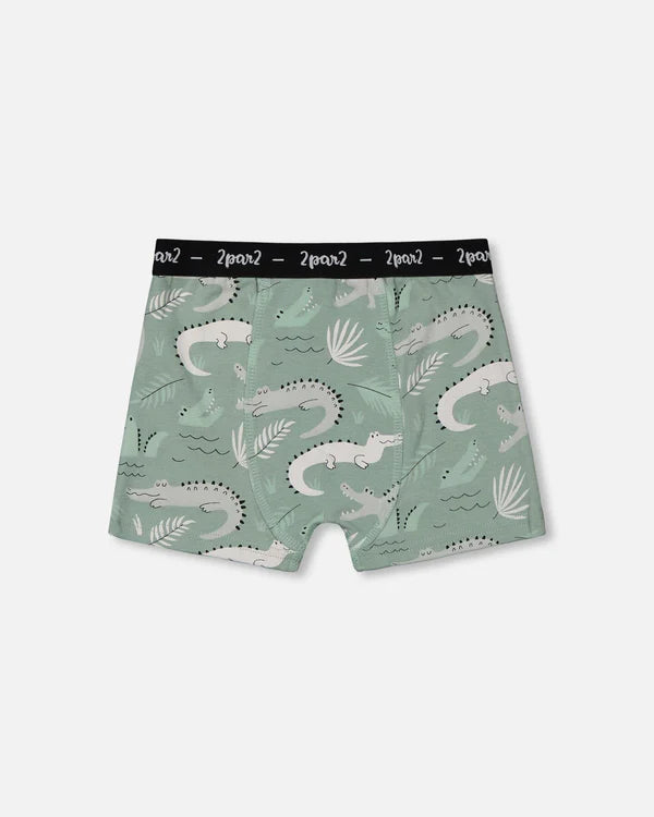 Deux Par Deux Organic Cotton Boxer Shorts - Light Sage And Gray Crocodile