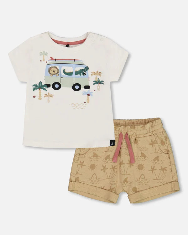 Deux Par Deux Short Sleeve Tee & Terry Short Set - Printed Shark & Van Deux Par Deux Short Sleeve Tee & Terry Short Set - Printed Shark & Van