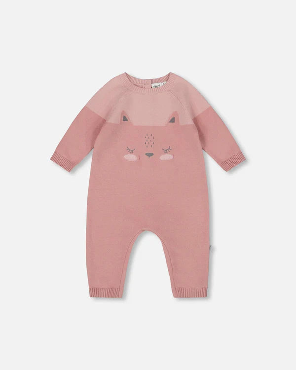 Deux Par Deux Knit Romper - Bi-Color Old Pink Cat