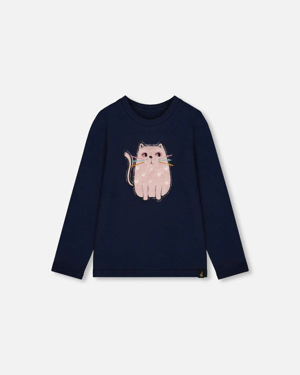 Deux Par Deux Organic Cotton Long Sleeve T-shirt - Black Iris/Navy Cat