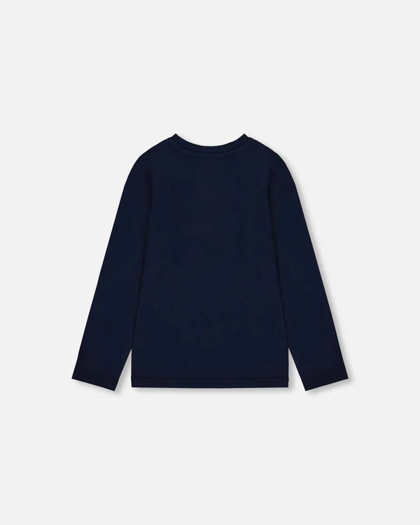 Deux Par Deux Organic Cotton Long Sleeve T-shirt - Black Iris/Navy Cat