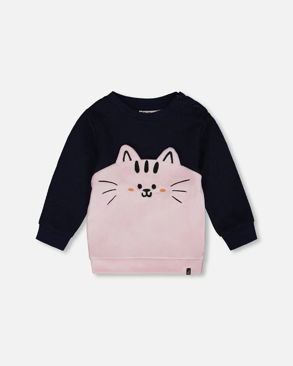 Deux Par Deux Long Bi-Material Top - Black Iris/Navy &amp; Pink Cat