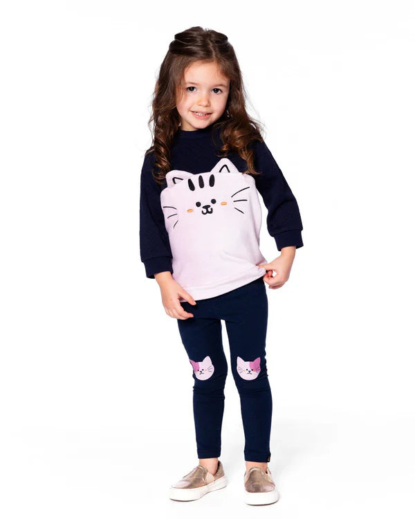 Deux Par Deux Long Bi-Material Top - Black Iris/Navy &amp; Pink Cat