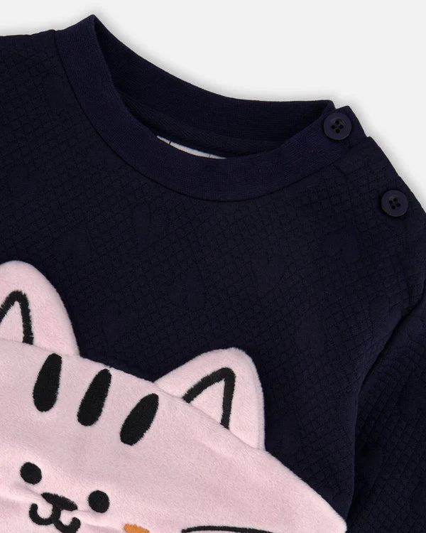 Deux Par Deux Long Bi-Material Top - Black Iris/Navy &amp; Pink Cat