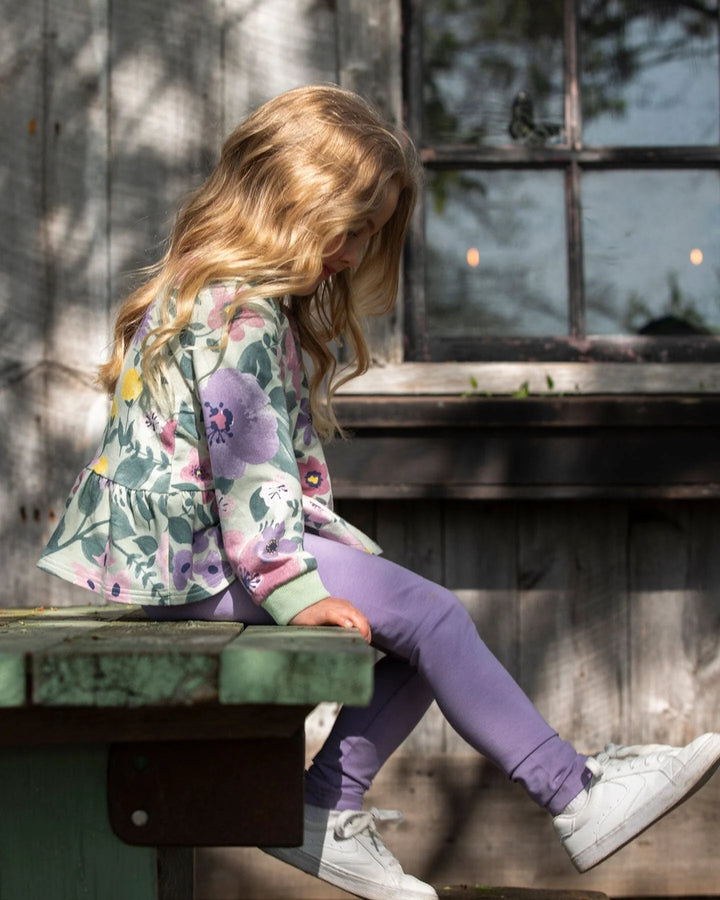 Deux Par Deux Organic Cotton Jersey Leggings - Purple With Floral Detail