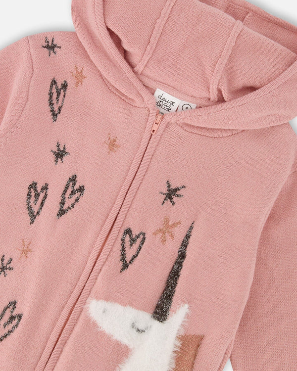 Deux Par Deux Zippered Hoodie - Dusty Pink Unicorn &amp; Hearts