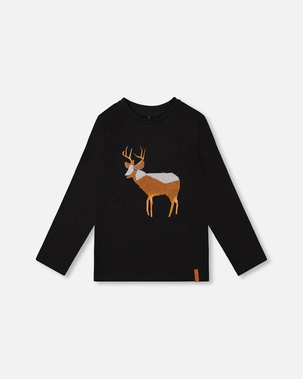 Deux Par Deux Organic Cotton Long Sleeve Tee - Black with Boucle Deer Applique