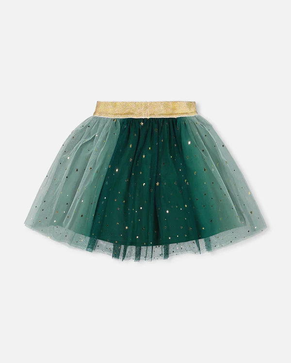 Deux Par Deux Gradiant Mesh Skirt with Bow - June Bug Forest Green