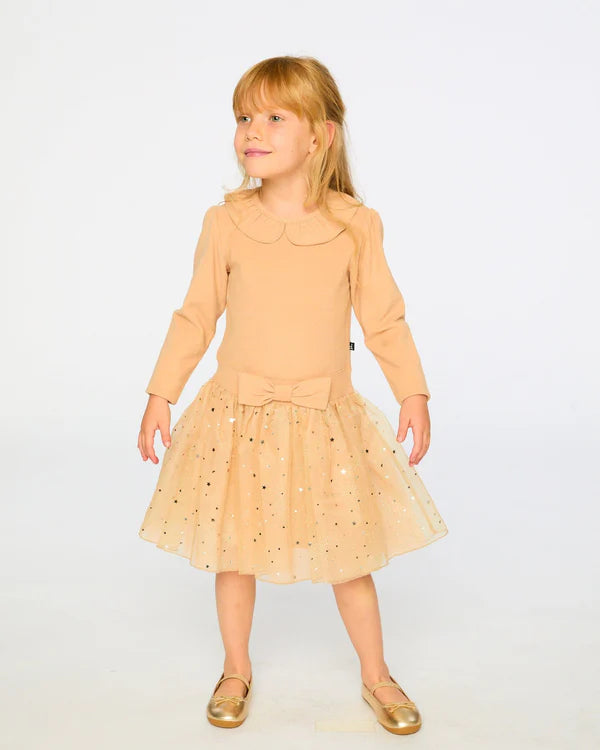 Deux Par Deux Bi-Material Dress with Glitter Skirt - Sesame/Beige