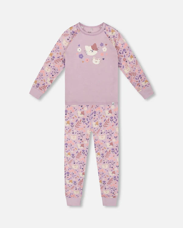 Deux Par Deux Organic Cotton Long Sleeve Pajama Set - Printed Lilac Cats