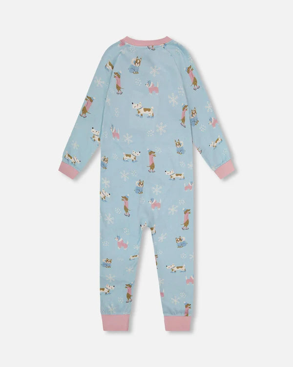 Deux Par Deux Organic Cotton Interlock One-Piece Pajama - Blue Dog Print