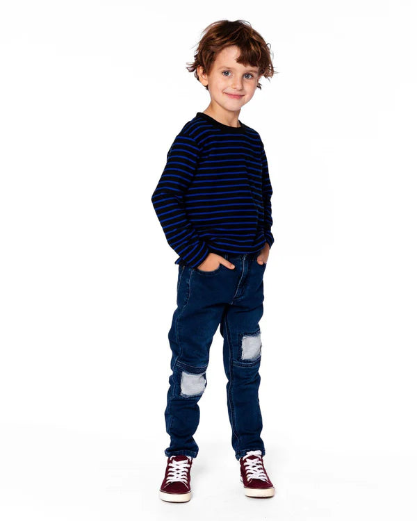 Deux Par Deux Long Sleeve Brushed Jersey Tee - Striped Black/Navy