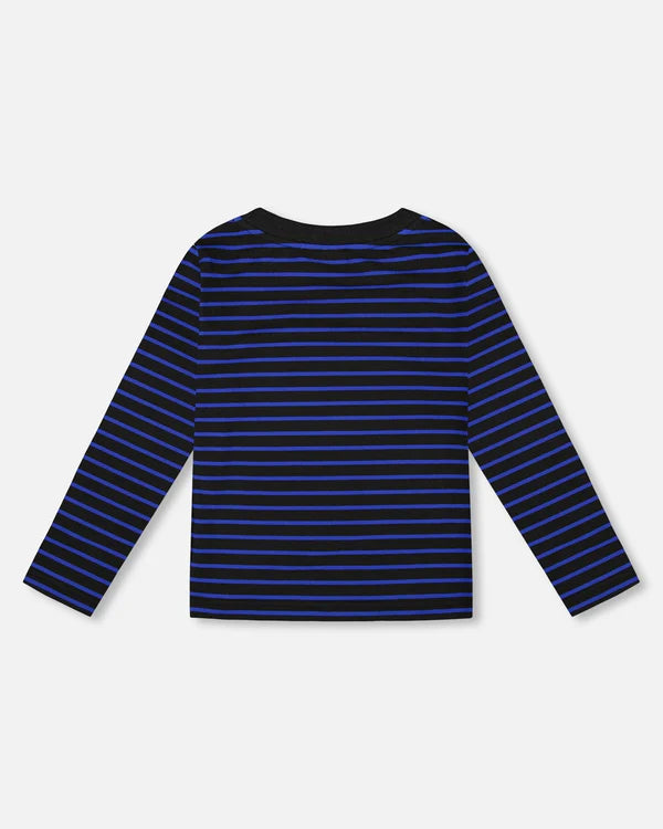 Deux Par Deux Long Sleeve Brushed Jersey Tee - Striped Black/Navy