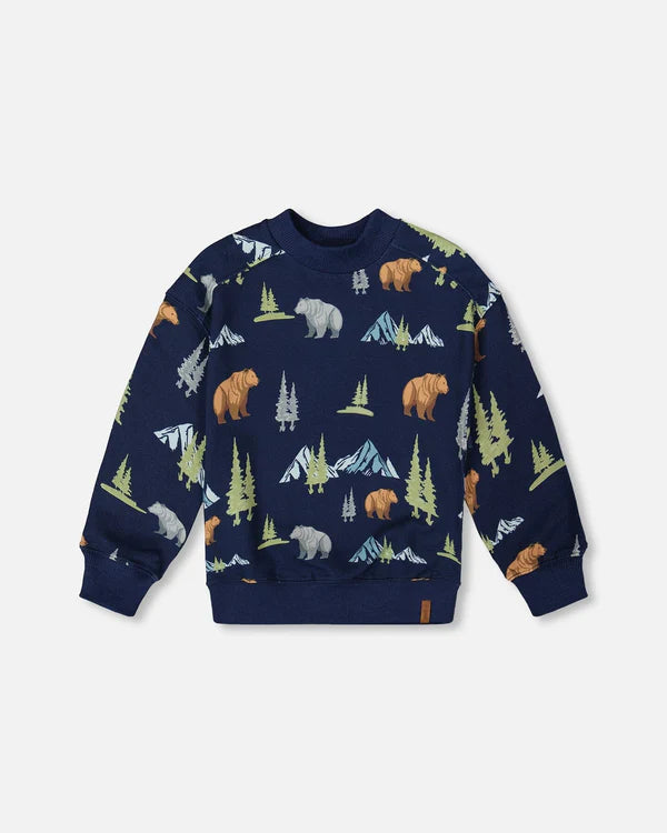Deux Par Deux Pullover Fleece Sweatshirt - Navy Animals