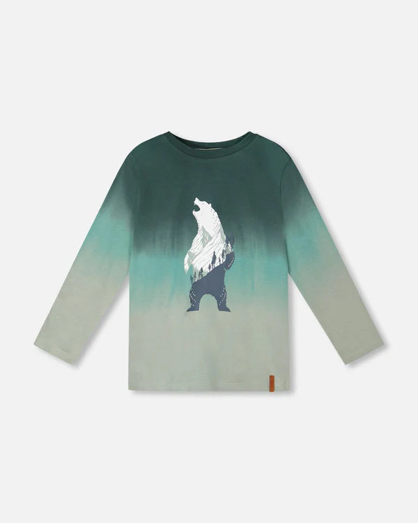 Deux Par Deux Organic Cotton Long Sleeve Tee - Gradient Jungle Green Bear